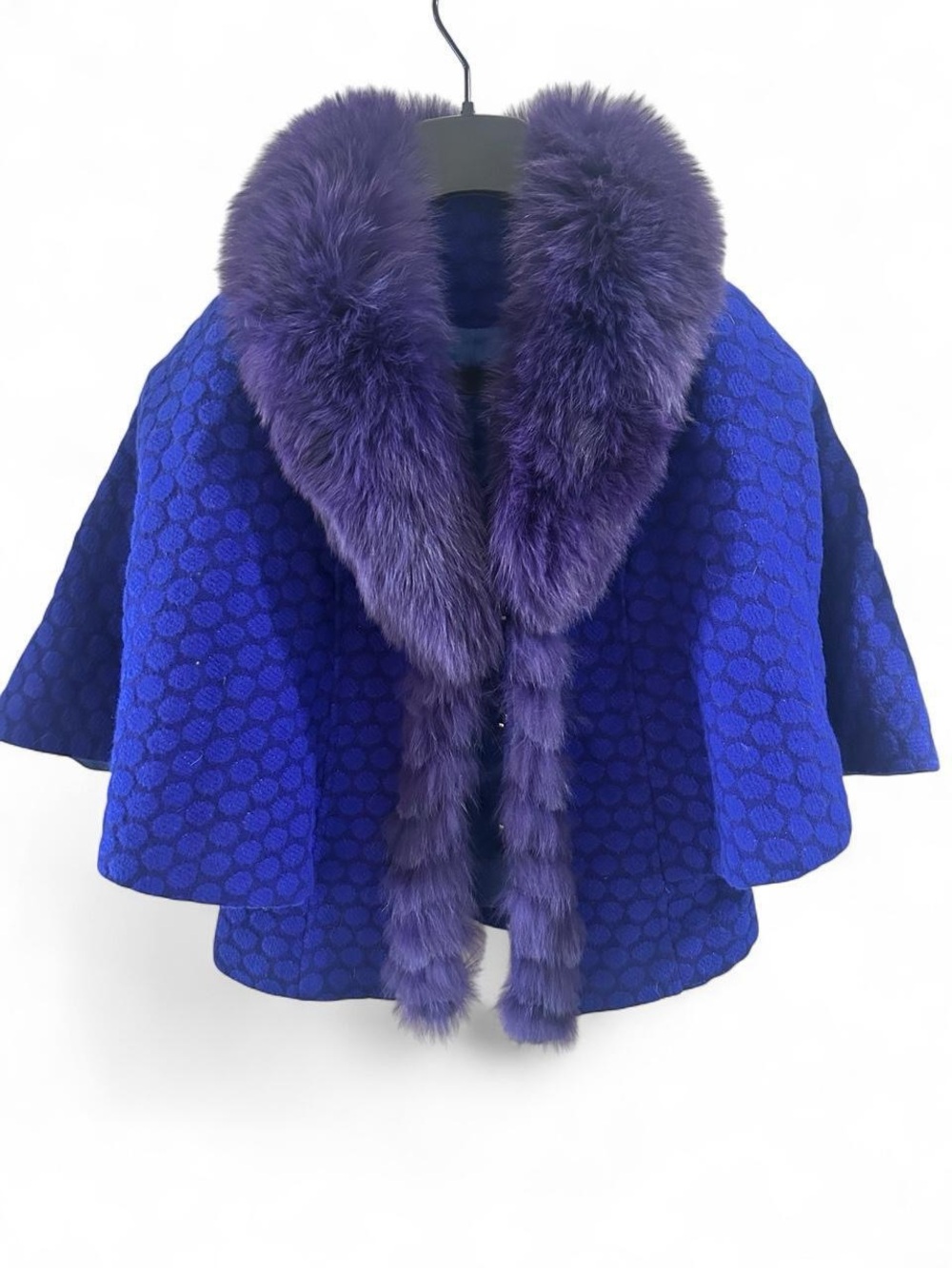 Cobalt Blue Cape Jacket Genuine Blue Fox Fur Trim XS/S